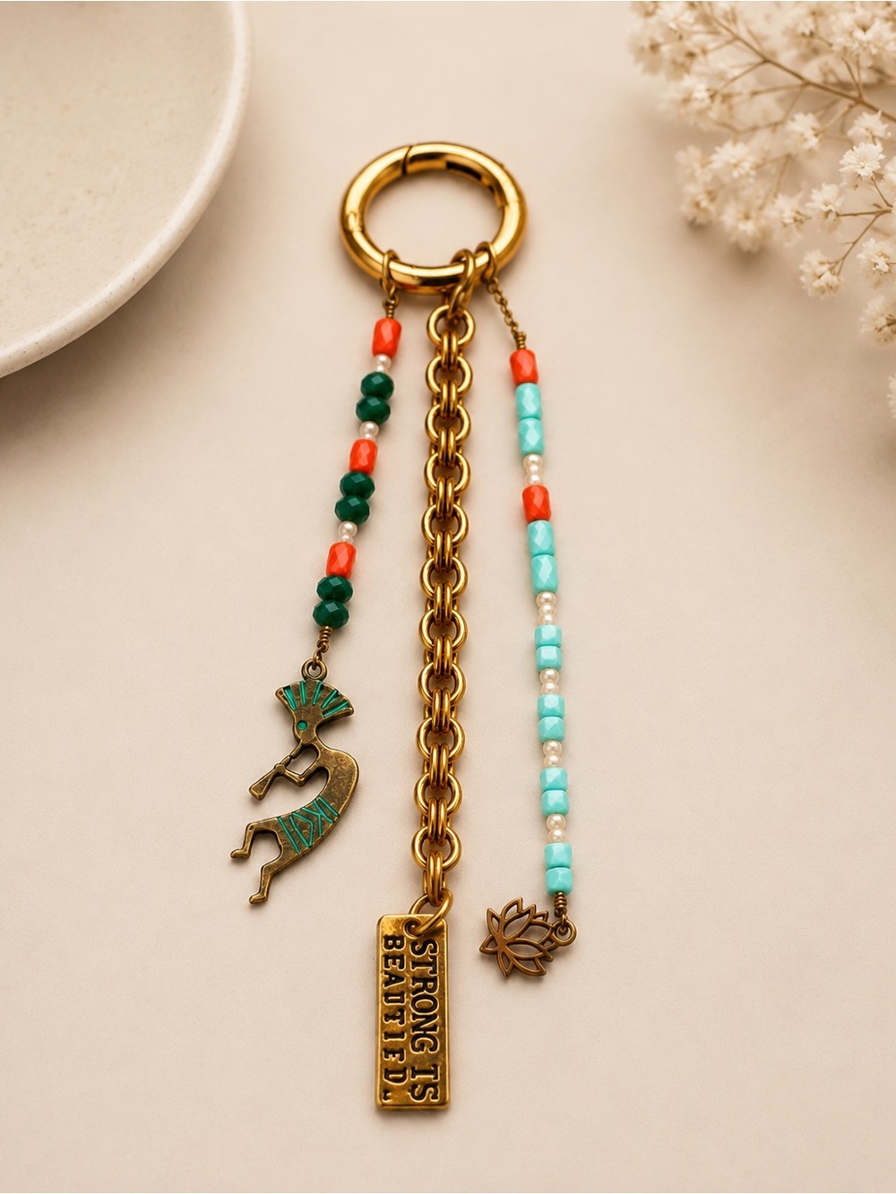 “STRONG IS BEAUTIFUL” Bag Charm/Keychain with Vintage Beads and Unique Pendants